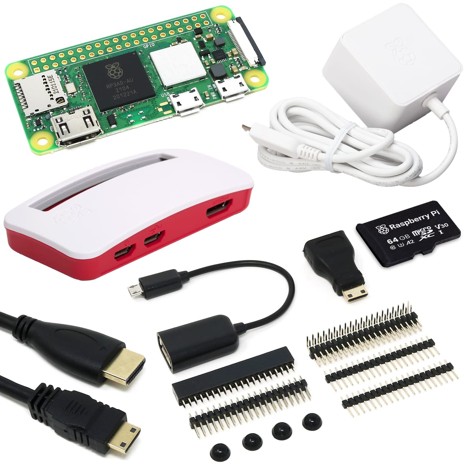 Raspberry Pi Zero kit with board, case, power supply, microSD card and adapters